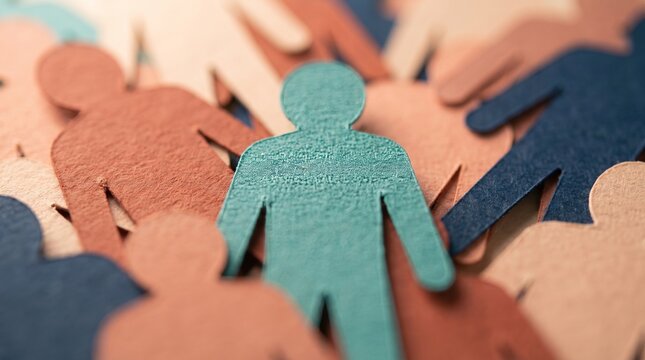 A distinctive teal paper cutout figure stands prominently among a crowd of muted human shapes, embodying concepts of individuality, leadership, and diversity in a collective setting