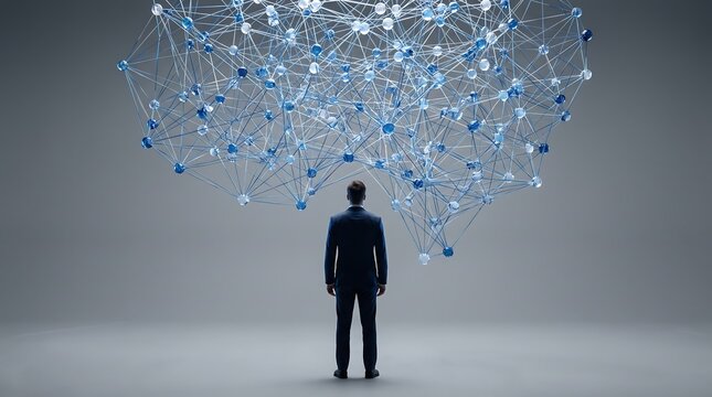 Abstract network connection above a mans head representing artificial intelligence and data analysis concepts