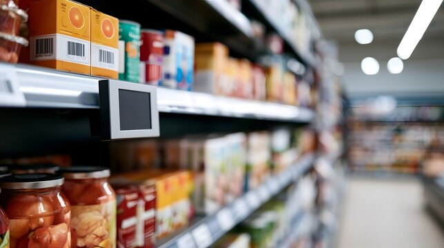 A close up view of a digital shelf label mounted on a supermarket aisle with various packaged food items on shelves