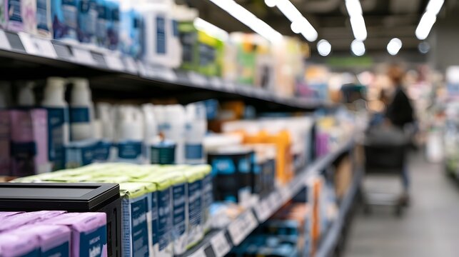 Blurred view of retail shelves ed with packaged goods in a brightly lit store aisle with a shopper in the distance