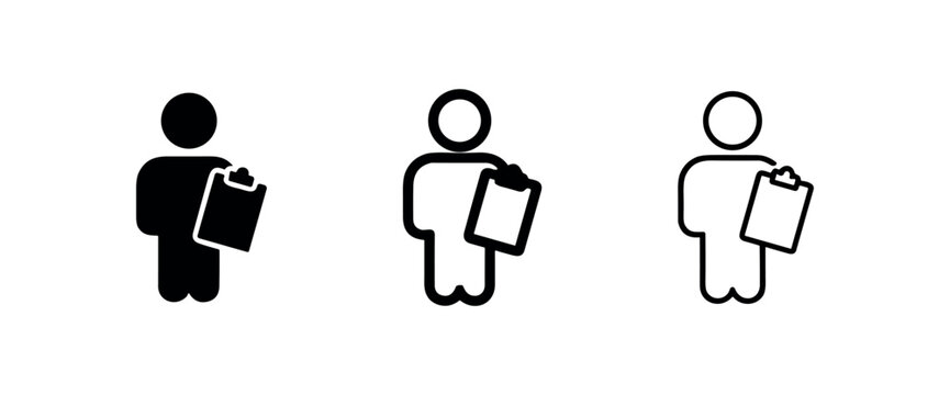 Person holding a clipboard icon set. Business, administration, and survey symbols for ui ux.