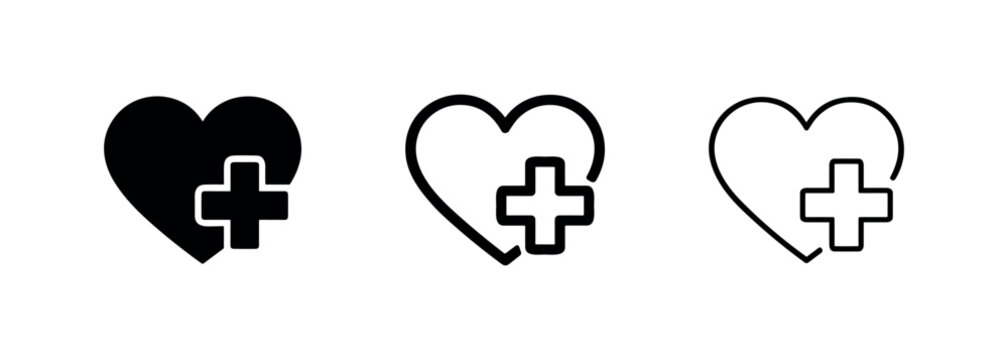 Heart with medical cross icon set. Cardiology, health care, and first aid symbols.