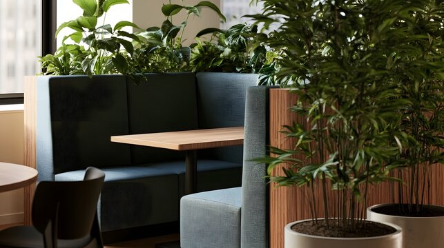 Modern office seating area with green plants and wooden table under bright natural light near window