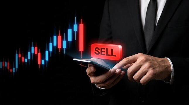 Financial professional making a trading decision on a smartphone, featuring a glowing "SELL" button and a digital stock market candlestick chart, highlighting investment technology