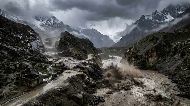 Violent mudflow event destroys mountain landscape with swirling brown sediment and debris.