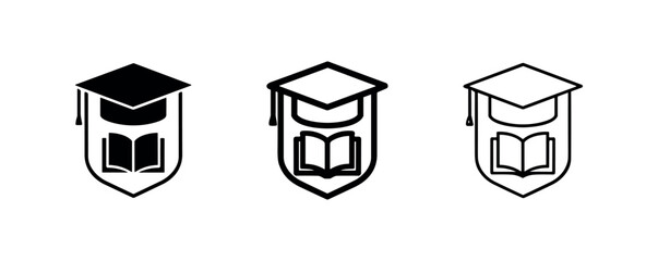 Fototapeta premium Graduation Cap on Shield with Open Book Icon Set for Academic Excellence and Educational Logo