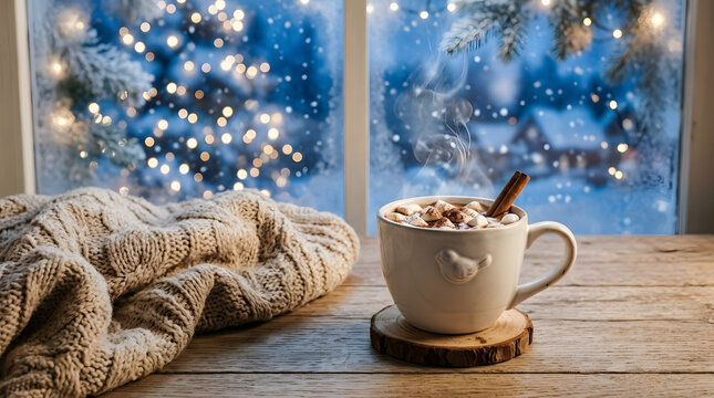 Cozy winter scene with hot cocoa and a snowy landscape viewed through a window