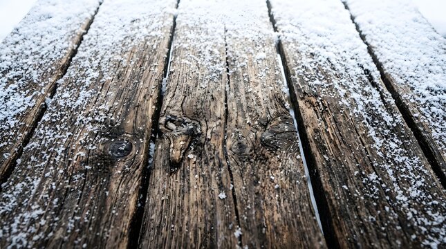 Close up of weathered wooden planks with visible grain and textured surface. Snow on wooden table.