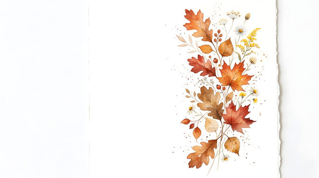 Watercolor autumn leaves and wildflowers arrangement on a white paper background