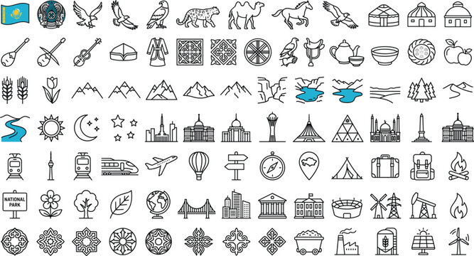 Kazakhstan Culture and Travel Thin Line Icons Collection with National Symbols, Wildlife, Mountains, Nomadic Heritage, Landmarks and Tourism Vector Set