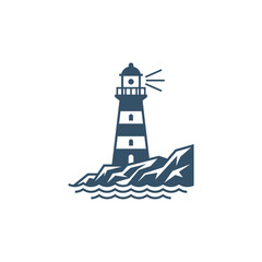 Lighthouse Beacon Guiding Ships On Rocky Shoreline At Sea © Rizquna_art