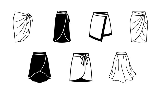 Modern Wrap Skirt Fashion Icons Collection with Outline and Silhouette Vector Designs