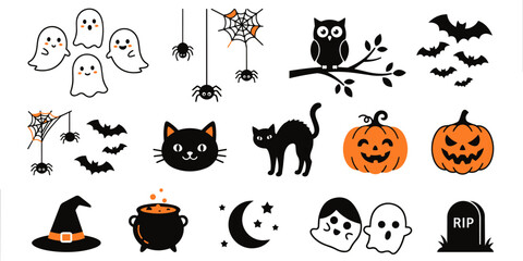 Fototapeta premium Cute Halloween Clipart Vector Set, Kawaii Spooky Ghost Black Cat Pumpkin Silhouette, Cauldron Owl Bat Tombstone Cut File