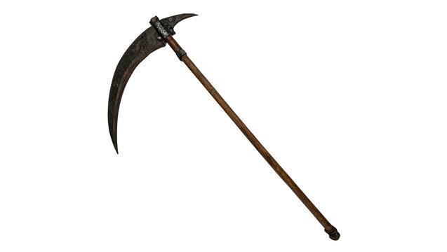 Traditional metal agricultural hand scythe tool with wooden handle isolated on transparent background