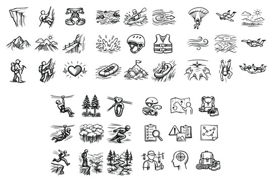 Outdoor adventure and extreme sports vector icons with climbing, kayaking and parachuting for mobile app illustration design