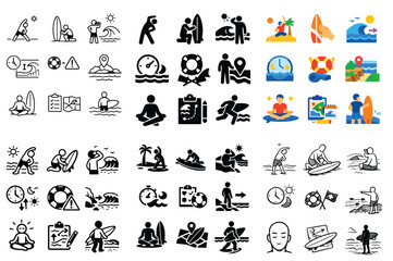 Obraz premium Surfing and beach activity design icons with surfboard, waves and location for mobile app infographic in solid silhouette style