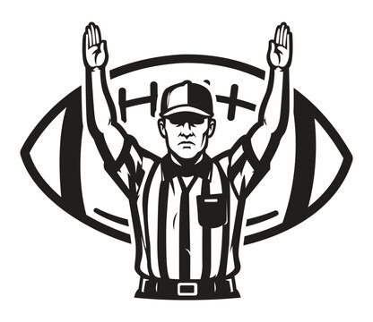 Black and white football referee vector illustration with touchdown signal and football background, isolated on white background.