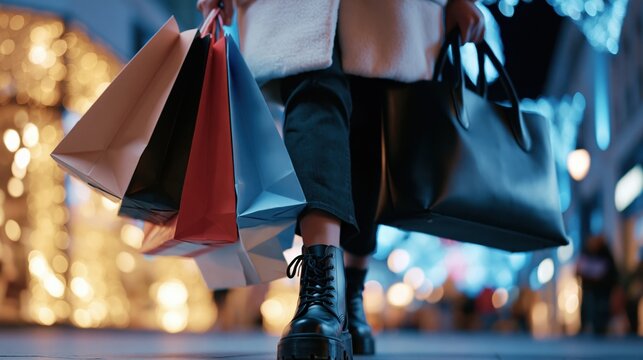 Woman walking with shopping bags. On black friday sale