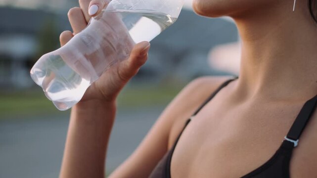 Close-up side profile of young woman lifting clear plastic water bottle to lips and tilting for sip while wearing sleeveless athletic top and earbud, fingers grip bottle showing slight compression