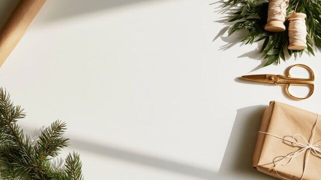 Wrapped Christmas Gifts Flat Lay with Festive Holiday Decor