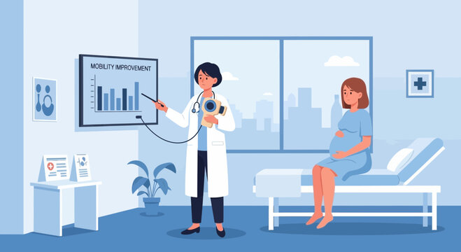 Medical Professional Explaining Mobility Improvement to Pregnant Patient in Clinic Consultation