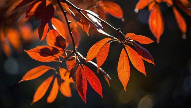 Vibrant orange-red leaves on a branch, illuminated by warm autumn sunlight, against a soft, dark bokeh background.
