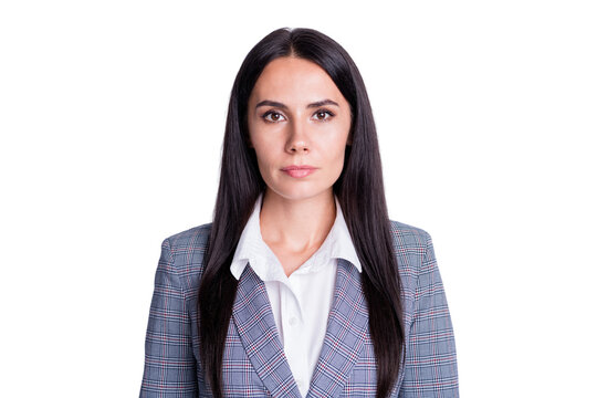 Portrait of serious smart marketer financier business woman look good in camera ready company crisis way-out strategy development wear checked suit isolated over grey color background