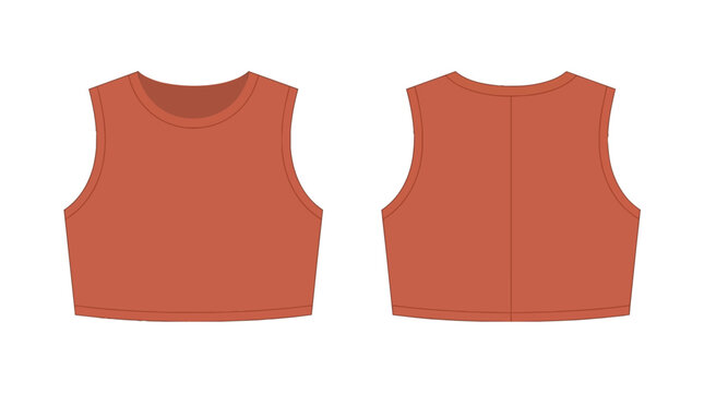 Sleeveless Terracotta Brown Crop Top Technical Drawing Front and Back View Fashion Apparel Mockup Template Pack