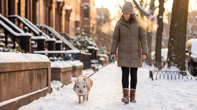 Pig walking in snow landscape, creative anthropomorphic lifestyle scene exploring animal behavior, responsible care, companionship, wellbeing, humane values, education, modern lifestyle