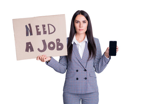 Need job use smartphone. Serious boss banker financier loss work hold modern technology browse market website wear checkered plaid pants trousers blazer isolated gray color background