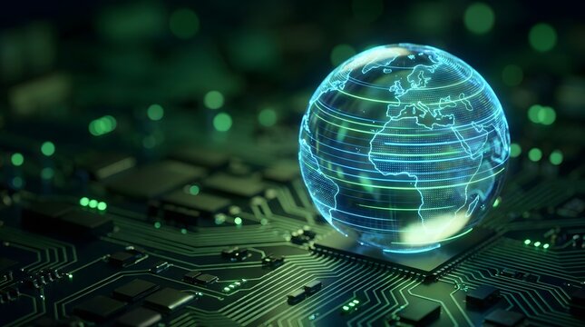 Digital globe with glowing network lines on a circuit board technology background