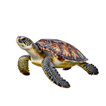 Green sea turtle with detailed patterned shell and flippers on a white background