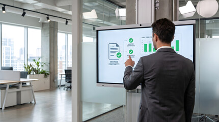 Fototapeta premium Businessman pointing at charts on a large digital screen in a modern office