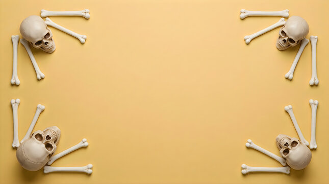 Miniature skulls and bones on yellow background. Skeleton corner frame border. Top view isolated props for Halloween decoration, spooky concept. Copy space for text