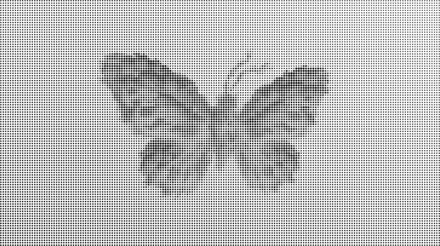 A black and white dotted halftone illustration of a butterfly isolated on transparent background