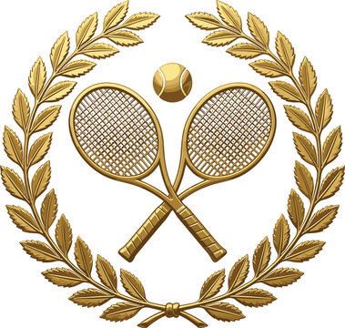 Golden tennis championship heraldic crest emblem with crossed wooden racquets ball and detailed golden laurel wreath frame (16 words)