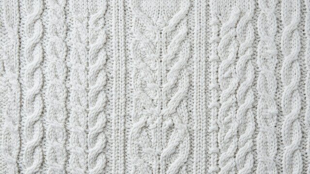Close up of a white cable knit sweater pattern with soft shadows. Warm wool textile background for winter fashion concepts.