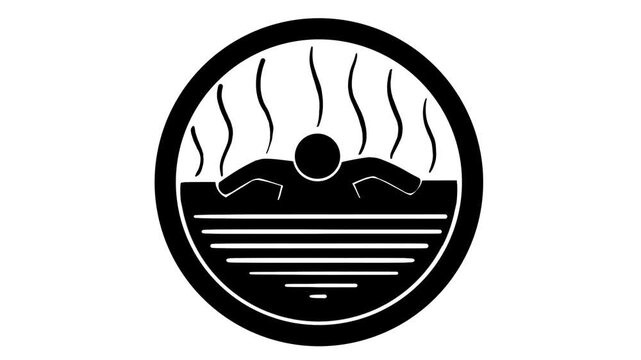 Minimalist vector animation of a person soaking in a hot tub with steam rising. Black round icon for thermal bath, Jacuzzi, spa, and wellness theme
