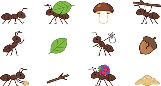 Cute cartoon worker ants vector set with forest insects carrying leaf, berry, stick, and mushroom isolated on white background