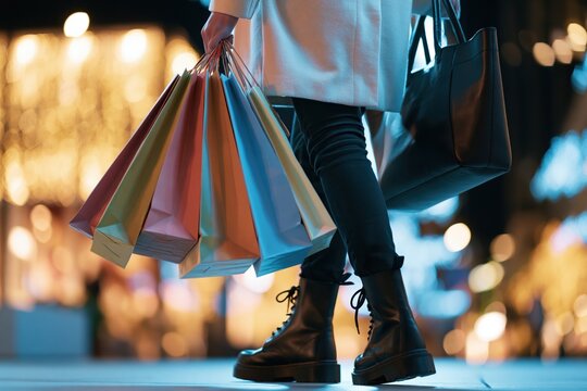 Woman walking with shopping bags. On black friday sale