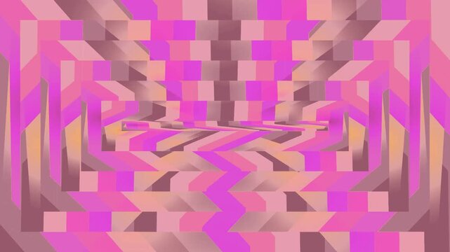 Abstract digital background featuring a rhythmic pattern of interwoven pink and bronze geometric shapes creating a mesmerizing perspective depth