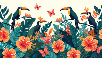 Naklejka premium A vibrant tropical scene featuring several toucans perched among lush green foliage and bright orange hibiscus flowers