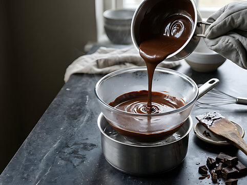 Pouring Liquid Chocolate into Glass Bowl Using Bain Marie Method for Baking Dessert