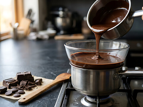 Pouring Melted Dark Chocolate into Glass Bowl Using Bain Marie Double Boiler in Kitchen