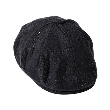 Black textured flat cap with a rounded crown and button top
