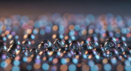 Obraz premium Tiny transparent spheres create a textured pattern. Soft, colorful lights form bokeh.