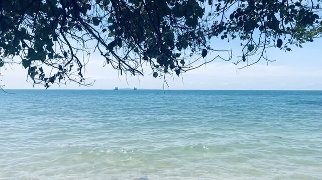 Tropical sea ocean view with clear water framing by tree leaves on sunny day