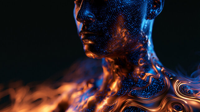 Futuristic Digital Human Face with Glowing Binary Code