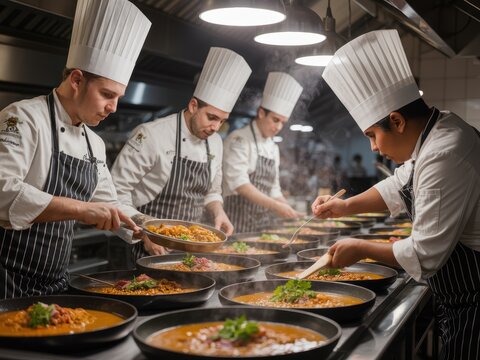 Professional chefs wearing white toques and striped aprons meticulously plating multiple bowls of steaming menudo in a commercial kitchen during a culinary competition event.