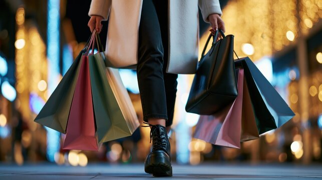 Woman walking with shopping bags. On black friday sale